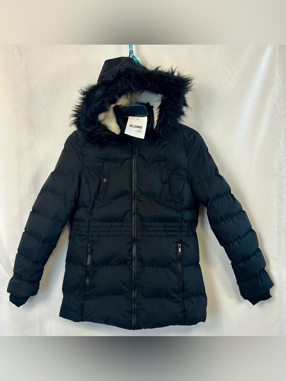 New Rijing Womens Black Faux Fur Hooded Puffer Coat  Sz Medium